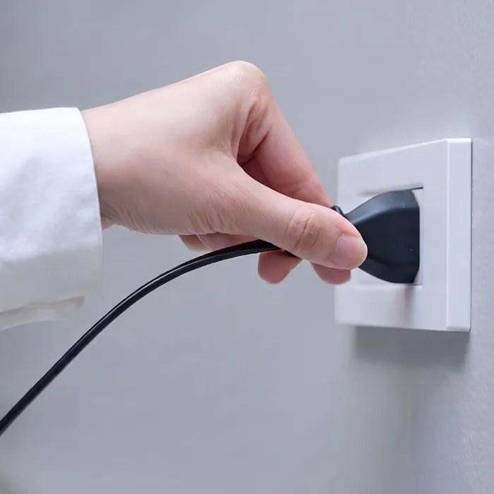 Hand steckt die mobile BlizzAir Klimaanlage in eine normale Steckdose