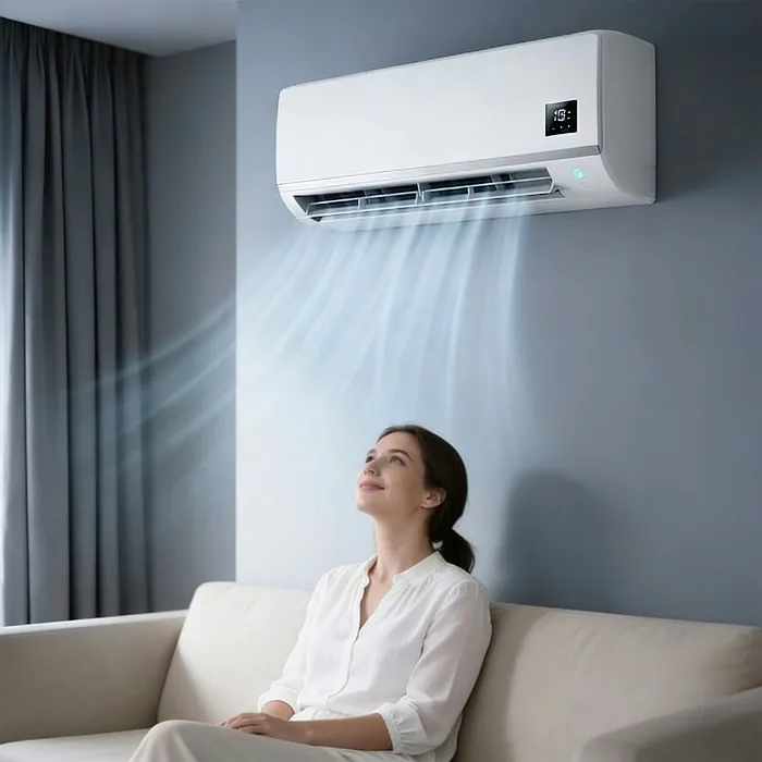 Person entspannt auf dem Sofa, während BlizzAir den Raum kühlt